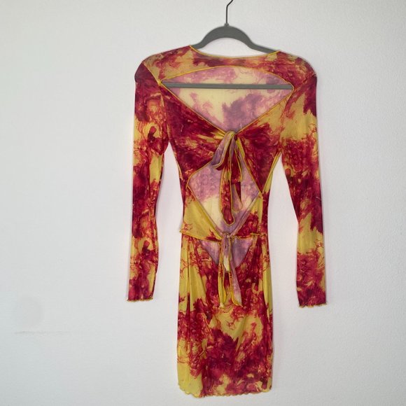 Mesh Long Sleeve Tie Dye Mini Hollow Out Bodycon Dress - Picture 3 of 3